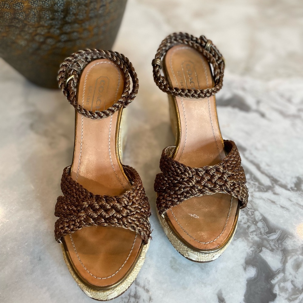 Coach Arianna Metallic Bronze Ankle Strap Wedge Sandal